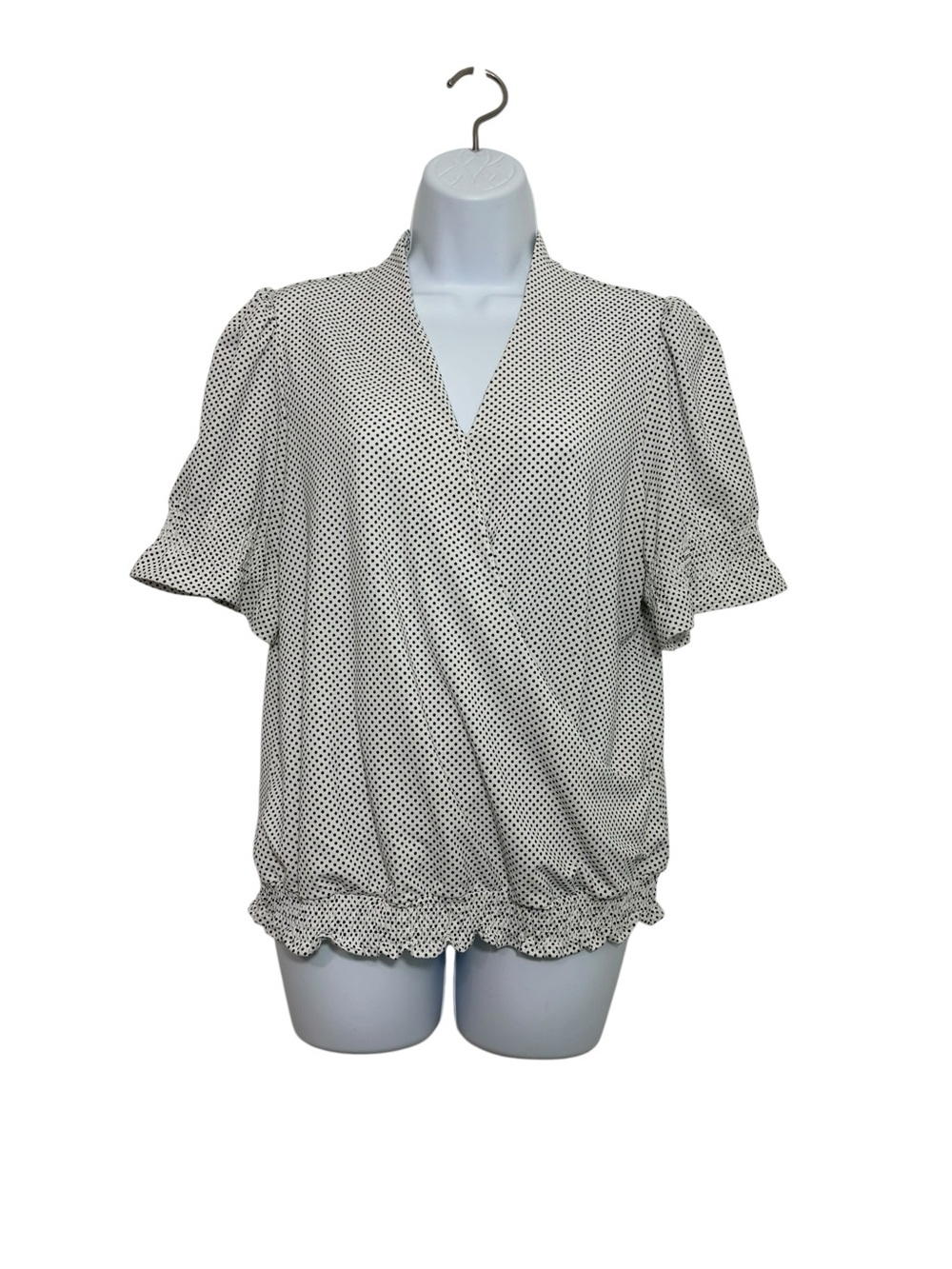 Adrianna Papell Ivory & Black French Chic Preppy Polka Dot Faux Wrap Blouse